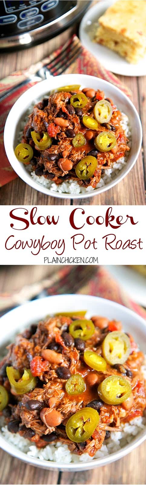 {Slow Cooker} Cowboy Pot Roast recipe - pot roast slow cooked with pinto beans, Rotel tomatoes, black beans and chili powder. SO good! Serve over rice and top with pickled jalapeños. Also makes a great freezer meal! 