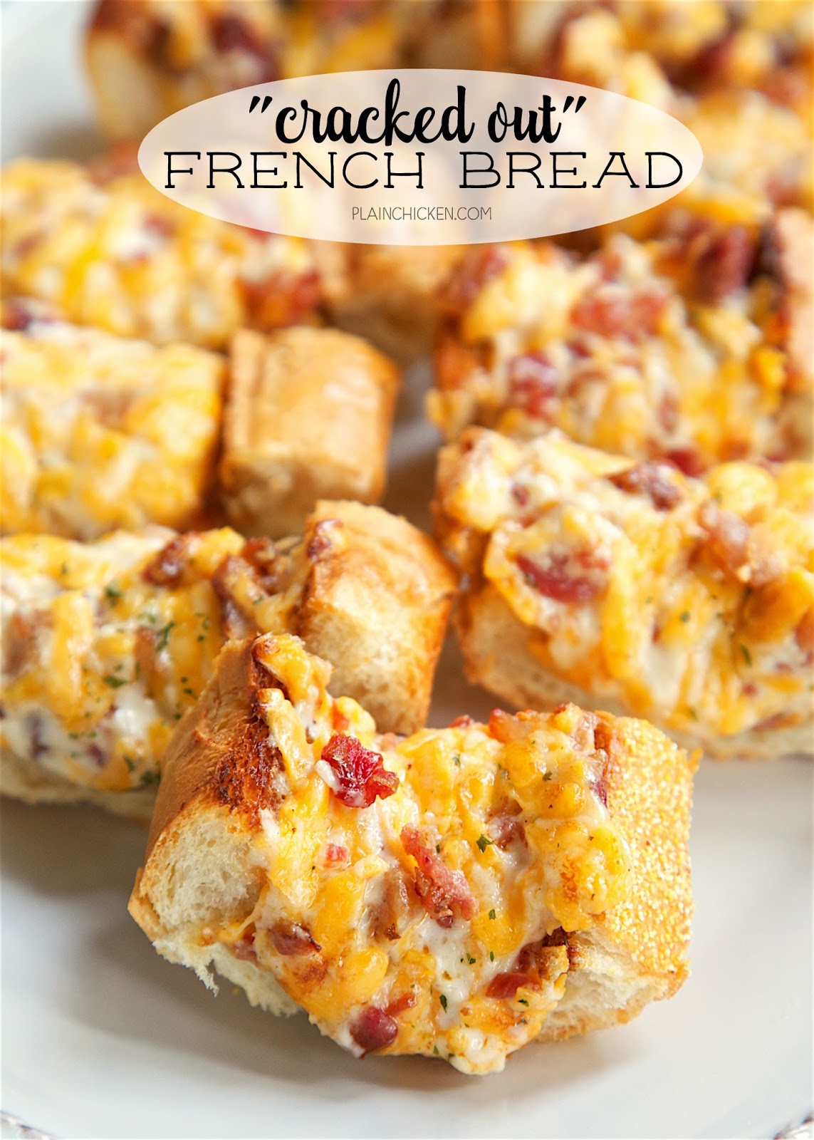 "Cracked Out" French Bread - crazy addictive! French bread topped with cheddar, bacon and ranch. We could not stop eating this! Serve as a party appetizer or as a side dish to your meal. Either way, this will be gone in a flash!!!
