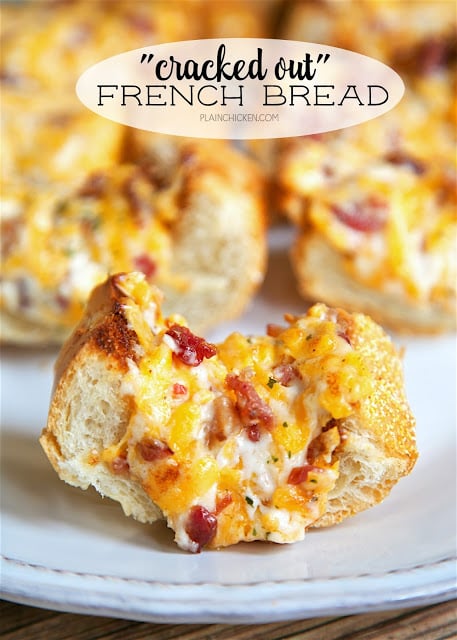 "Cracked Out" French Bread - crazy addictive! French bread topped with cheddar, bacon and ranch. We could not stop eating this! Serve as a party appetizer or as a side dish to your meal. Either way, this will be gone in a flash!!!
