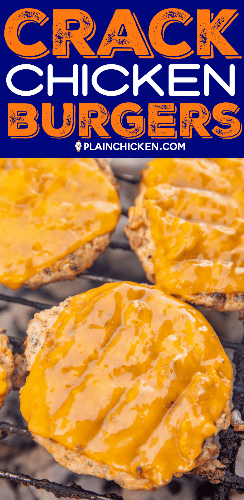 chicken burger patties topped with cheese on the grill