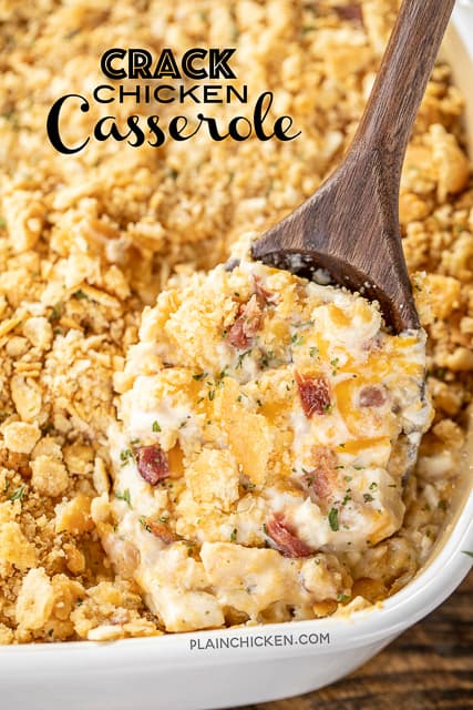 Crack Chicken Casserole - creamy chicken casserole loaded with cheddar, bacon and ranch. Use a rotisserie chicken for easy prep! Chicken, cheddar, bacon, ranch seasoning, sour cream, cream of chicken soup. The whole family LOVED this easy chicken casserole. It is already on the menu again this week! #chicken #casserole #chickencasserole
