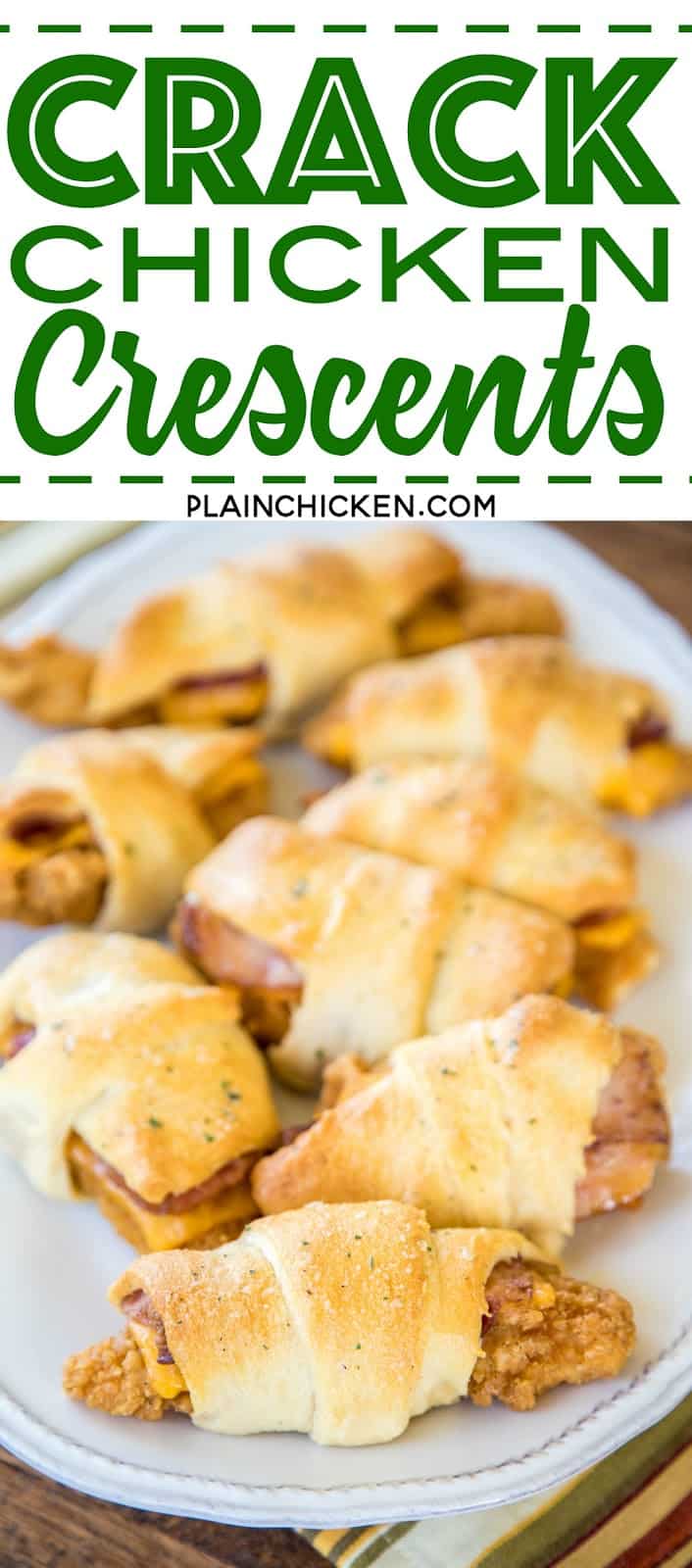 Crack Chicken Crescents - frozen chicken tenders, cheddar cheese, bacon and ranch dressing wrapped in refrigerated crescent rolls and baked. CRAZY good!!! Everyone cleaned their plate and went back for seconds! A HUGE hit with the entire family! Great for a quick lunch, dinner or tailgating! No prep work and ready to eat in under 30 minutes! YUM! #quick #easy #weeknightmeal