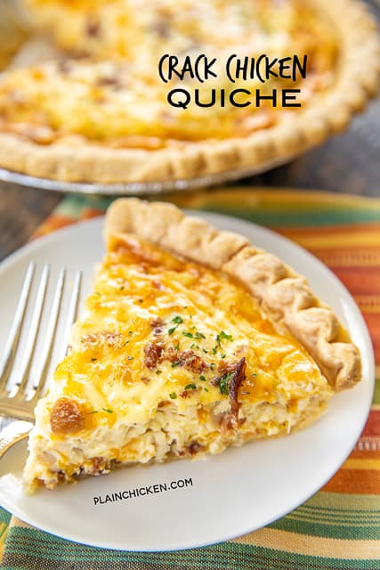 Crack Chicken Quiche - so quick and easy. Everyone LOVED this recipe!! Can make ahead and freeze for later. Pie crust, chicken, cheddar cheese, bacon, ranch dressing, heavy cream, and eggs Ready to eat in an hour. Great for breakfast, lunch or dinner. THE BEST! #quiche #chicken #freezermeal #bacon #ranch #cheddar