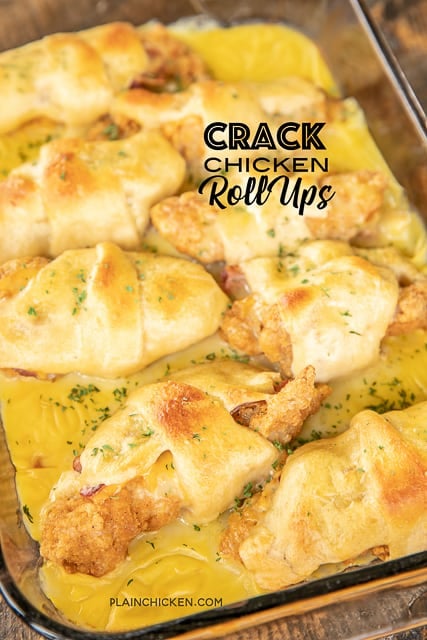 Crack Chicken Roll Ups - our favorite weeknight meal!! Frozen chicken fingers, cheddar cheese, bacon and ranch wrapped in crescent rolls and topped with cream of chicken soup and milk. Seriously delicious!! I always have to double the recipe for my family. We never have any leftovers! #chicken #casserole #chickencasserole #weeknightdinner #easychickenrecipe
