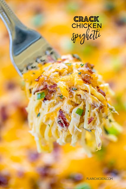Crack Chicken Spaghetti - chicken spaghetti loaded with cheddar, bacon and ranch. This stuff is totally ADDICTIVE! We make this at least once a month. Everyone cleans their plate, even our picky eaters! Chicken, cream of chicken soup, velveeta, ranch dressing mix, bacon, cheddar cheese, spaghetti. Can make ahead of time and refrigerate or freeze for later. A real crowd pleaser!