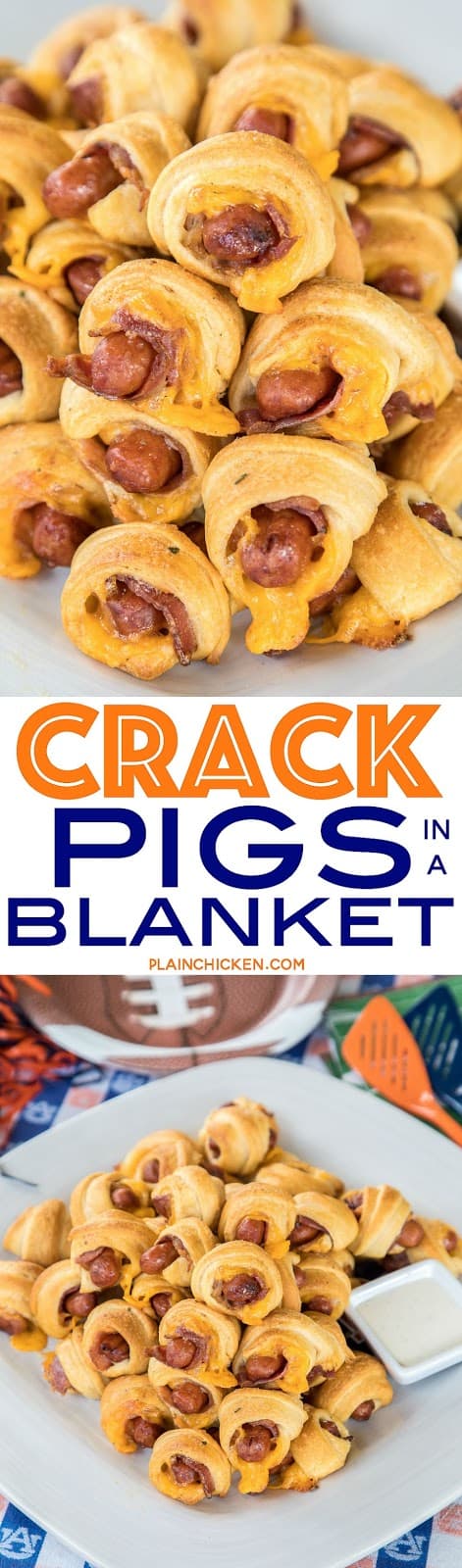 Crack Pigs in a Blanket - pigs in a blanket loaded with cheddar, bacon and ranch - OH MY GOODNESS!!! Only 5 ingredients and ready in about 15 minutes. Great for parties! These things FLY off the plate!!! I almost always double the recipe! #superbowl #tailgating #pigsinablanket
