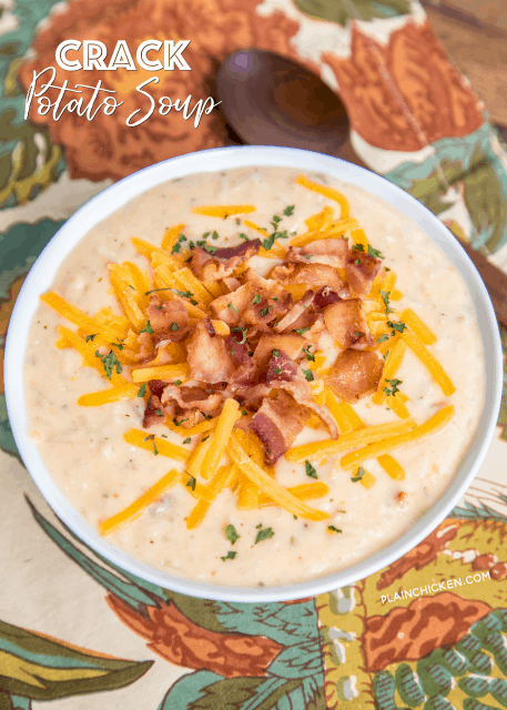 Slow Cooker Crack Potato Soup - potato soup loaded with cheddar, bacon and ranch. This soup is SO addictive! I wanted to lick the bowl!!! Frozen hash browns, cream of chicken soup, chicken broth, cheddar, bacon, ranch, cream cheese. Everyone RAVES about this easy soup recipe. All you need is some cornbread or biscuits and dinner is done!!! #slowcooker #soup #cheddar #bacon #ranch #potatosoup