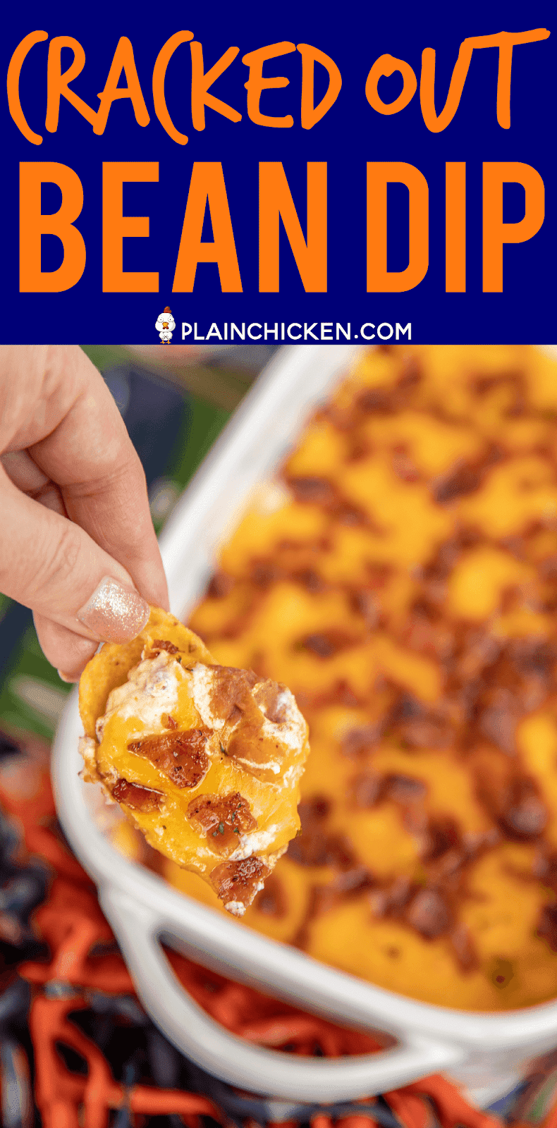 Cracked Out Bean Dip - SO addictive! Bean dip loaded with cheddar bacon and ranch. I could NOT stop eating this yummy dip. The flavors are amazing! Refried beans, taco seasoning, sour cream, ranch, bacon and cheddar cheese. Can make ahead of time and refrigerate until ready to bake. Serve with fritos and tortilla chips. This dip is always the first thing to go at our tailgates! I never have any leftovers! YUM! #dip #beandip #tailgating #appetizer #partyfood