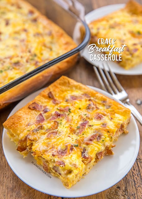 Crack Breakfast Casserole - crazy good! We are totally addicted to this easy breakfast casserole!! Crescent rolls, bacon, cheddar, ranch dressing, eggs and milk. Can make ahead of time and refrigerate overnight. SO good. We made this two days in a row! #breakfast #casserole #bacon #cheddar #breakfastrecipe