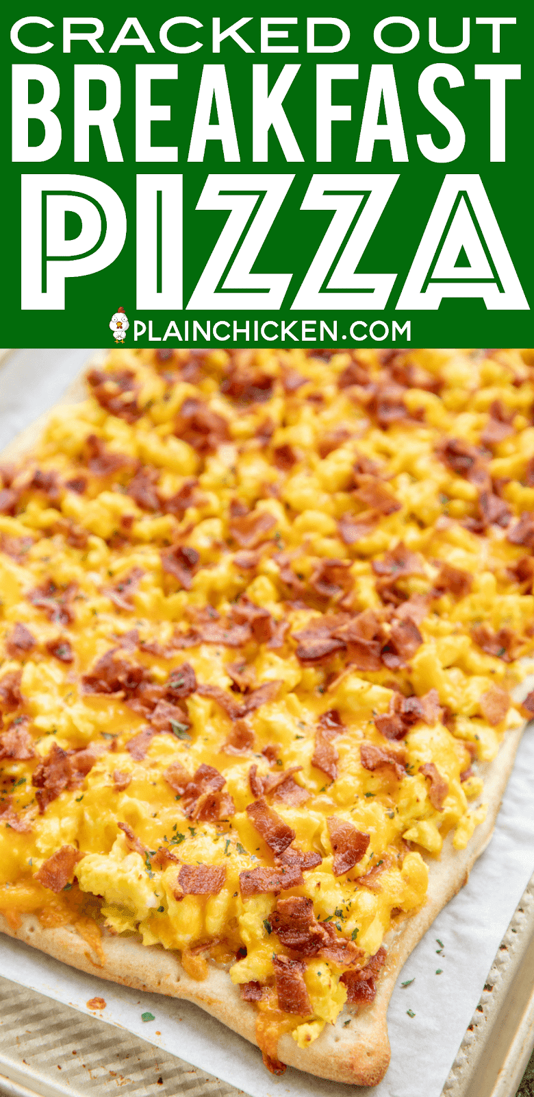 Cracked Out Breakfast Pizza - loaded with cheddar, bacon and Ranch! SO GOOD!!! Easy enough for a weekday breakfast. Refrigerated pizza crust topped with ranch dressing, scrambled eggs, bacon and cheddar cheese. We love this for breakfast, lunch and dinner. This is the most requested breakfast in our house. There are never any leftovers!! #breakfast #pizza #eggs #bacon #cheese