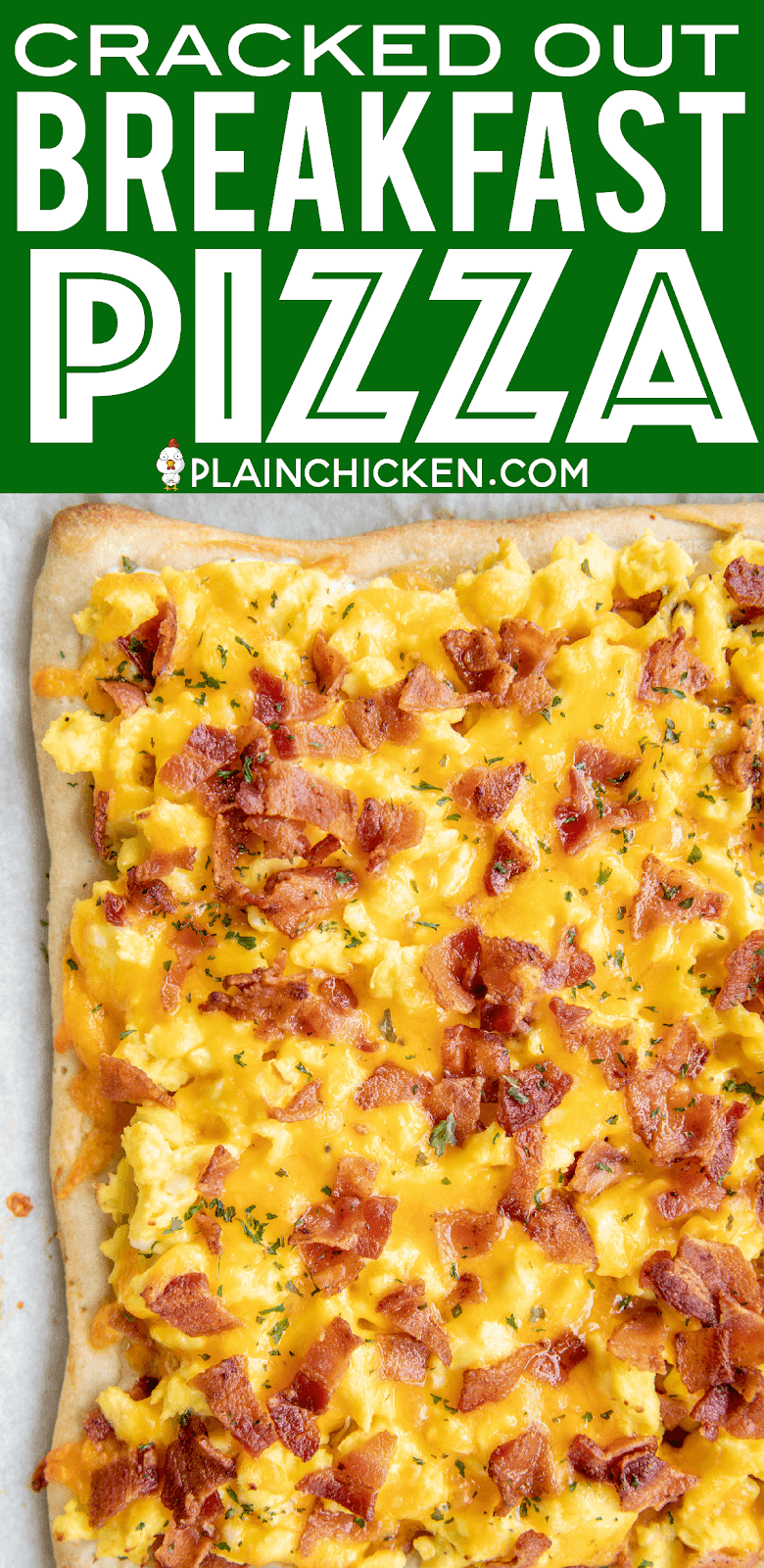 Cracked Out Breakfast Pizza - loaded with cheddar, bacon and Ranch! SO GOOD!!! Easy enough for a weekday breakfast. Refrigerated pizza crust topped with ranch dressing, scrambled eggs, bacon and cheddar cheese. We love this for breakfast, lunch and dinner. This is the most requested breakfast in our house. There are never any leftovers!! #breakfast #pizza #eggs #bacon #cheese