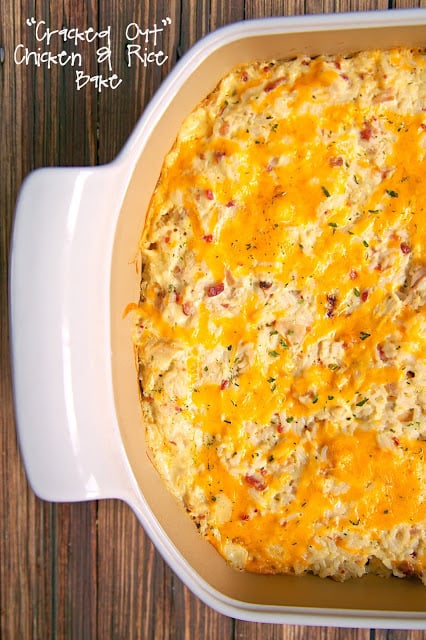 "Cracked Out" Chicken and Rice Bake - chicken, cheddar, bacon, Ranch and rice - quick and easy weeknight casserole! Use rotisserie chicken and this comes together in 5 minutes! SO good! We make this at least once a week!!