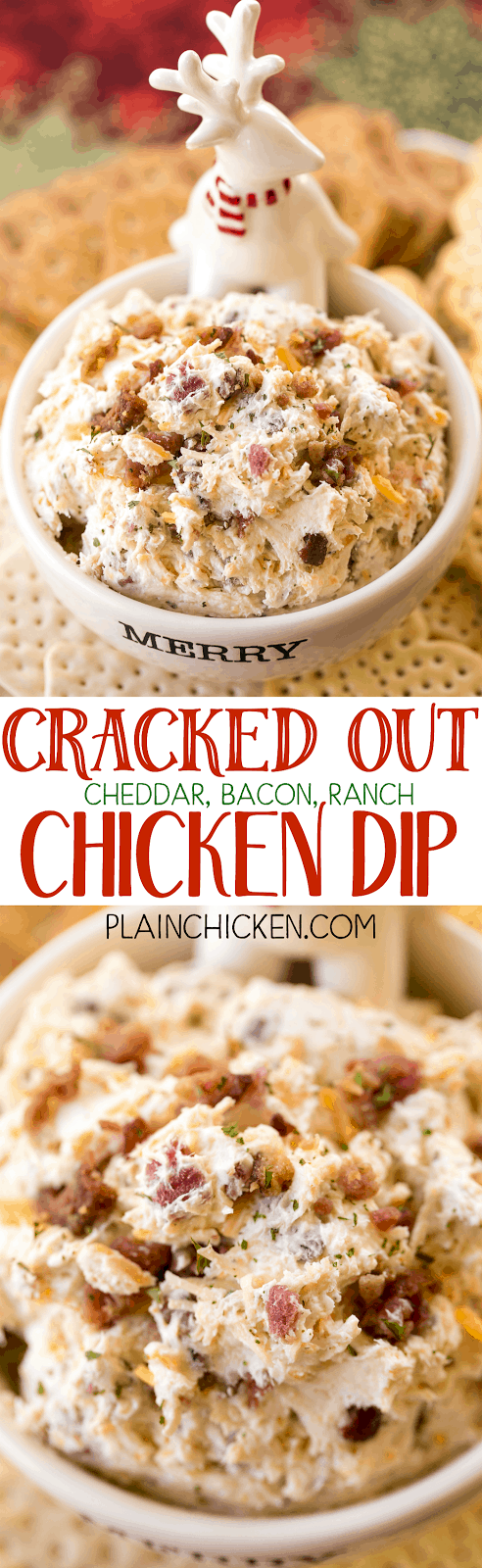 Cracked Out Chicken Dip - this stuff is SO addicting! CRAZY good!! Chicken, cream cheese, ranch mix, bacon, cheddar cheese and milk. This makes a ton! Great for parties! Can make ahead and refrigerate until ready to serve. Everyone LOVES this dip!