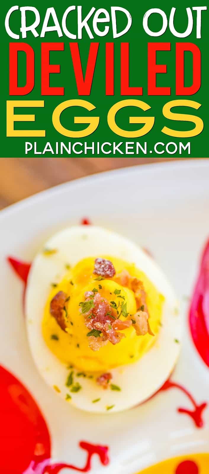 Cracked Out Deviled Eggs - deviled eggs loaded with cheddar, bacon and ranch. These things are dangerously DELICIOUS!!! Can make ahead and refrigerate overnight. Hard boiled eggs, mayonnaise, ranch dressing, cheddar cheese, vinegar, salt, mustard, pepper, onion powder and bacon. SO good!! #appetizer #eggs #hardboiledeggs #bacon