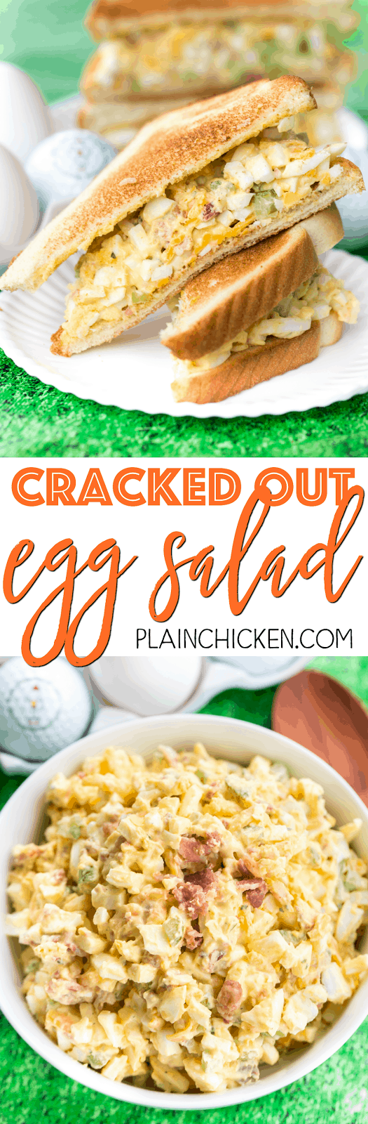 Cracked Out Egg Salad - OMG! Seriously delicious!!! Eggs, mayonnaise, Ranch mix, cheddar cheese, bacon, celery, vinegar and worcestershire. Can make ahead of time and refrigerate for later. I always make a double batch and it is gone in a flash! Everyone loves this easy egg salad recipe.