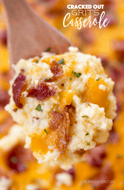 Cracked Out Grits Casserole  - cheddar, bacon and ranch - SO addictive!!! We love this casserole for breakfast, lunch and dinner. Grits, chicken broth, milk, eggs, Velveeta, bacon, Ranch, cheddar cheese. Can make ahead and refrigerate or freeze for later. This always get RAVE reviews! SO good!!!