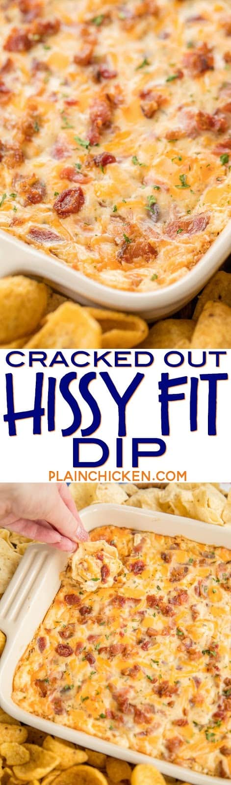 Cracked Out Hissy Fit Dip Recipe - cheddar, bacon, ranch, sour cream, Velveeta, Worcestershire sauce - SO good. You will definitely throw a hissy fit if you miss out on this dip! Crazy good! Can mix together and refrigerate a day before baking. Serve with chips and veggies! It is always gone in a flash!