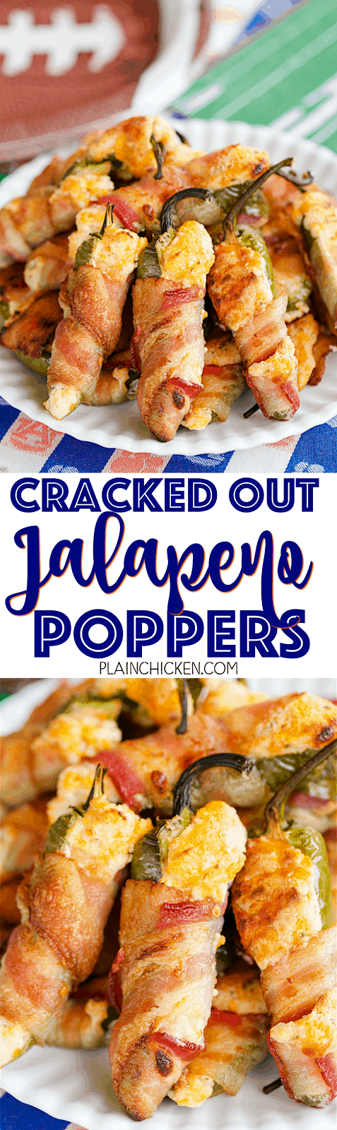 Cracked Out Jalapeño Poppers - jalapeños stuffed with cream cheese, cheddar, and Ranch and wrapped in bacon. These things are CRAZY good! I took them to a party and they were gone in a flash! Can make ahead of time and bake when ready. Tastes great warm and at room temperature. 