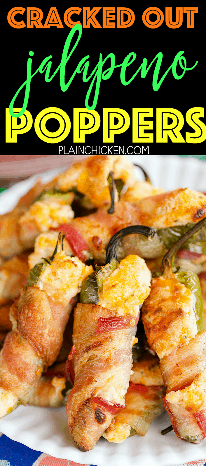 Cracked Out Jalapeño Poppers - jalapeños stuffed with cream cheese, cheddar, and Ranch and wrapped in bacon. These things are CRAZY good! I took them to a party and they were gone in a flash! Can make ahead of time and bake when ready. Tastes great warm and at room temperature. 