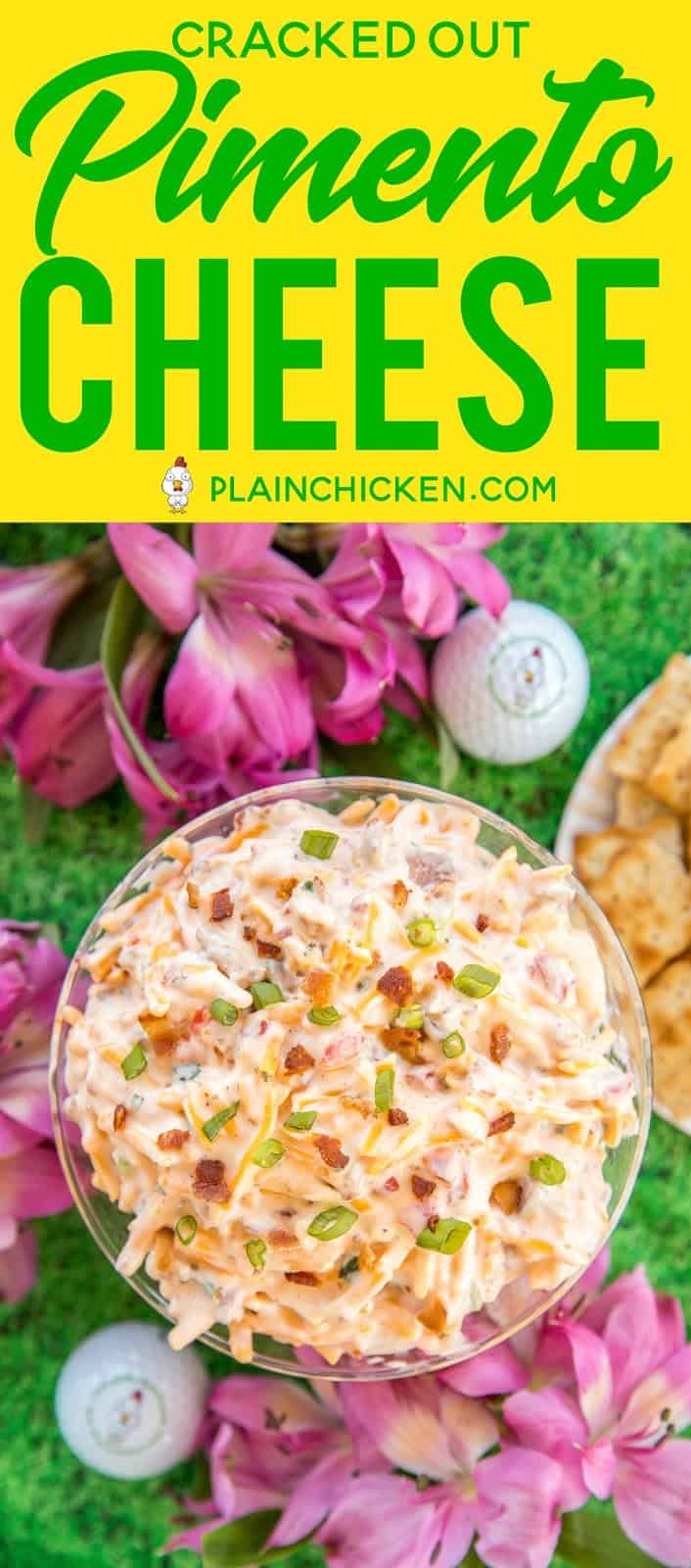 Cracked Out Pimento Cheese - pimento cheese loaded with cheddar, bacon and ranch! Dangerously delicious!! Great as a dip or on a sandwich. Cheddar cheese, pimentos, mayonnaise, ranch dressing mix, bacon, green onions. So simple and it tastes AMAZING! Perfect for watching The Masters golf tournament! #crack #pimentocheese #cheese #themasters #dip