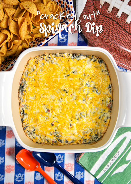 Cracked Out Spinach Dip - the BEST spinach dip EVER! Spinach, cheddar, bacon, Ranch, cream cheese and sour cream. This stuff is so addictive! Great for parties and tailgating! Everyone asks for the recipe!!