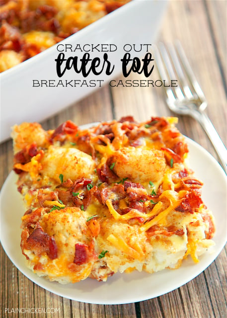 Cracked Out Tater Tot Breakfast Casserole - great make ahead recipe! Only 6 ingredients!! Bacon, cheddar cheese, tater tots, eggs, milk, Ranch mix. Can refrigerate or freeze for later. Great for breakfast. lunch or dinner. Everyone loves this easy breakfast casserole!!