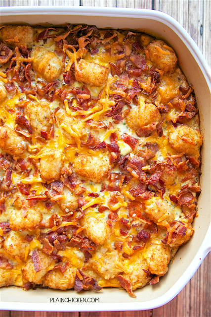 Cracked Out Tater Tot Breakfast Casserole - great make ahead recipe! Only 6 ingredients!! Bacon, cheddar cheese, tater tots, eggs, milk, Ranch mix. Can refrigerate or freeze for later. Great for breakfast. lunch or dinner. Everyone loves this easy breakfast casserole!!