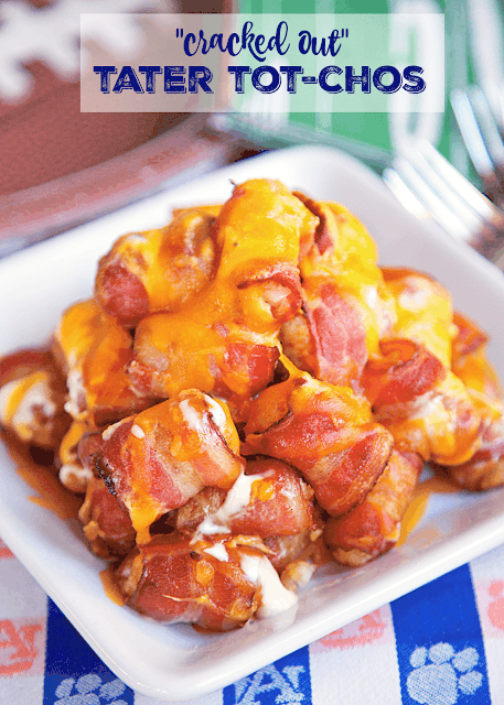 "Cracked Out" Tater Tot-Chos - Bacon wrapped tater tots topped with Ranch dressing and cheddar cheese. Only 4 ingredients and ready in about 30 minutes. OMG! This might be the best thing I've ever eaten! Seriously! These are gone in a flash! I never take home any leftovers.