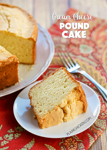 Cream Cheese Pound Cake - INCREDIBLE! So simple, yet so delicious! Butter, cream cheese, sugar, eggs, flour, vanilla. Serve with vanilla ice cream. Great for holiday meal dessert. Also makes a great homemade holiday gift!