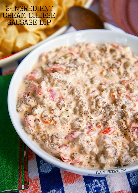 3-Ingredient Cream Cheese Sausage Dip - SOOOO good! Sausage, cream cheese, and Rotel. Ready in under 10 minutes. Great for parties! There is never any left!!