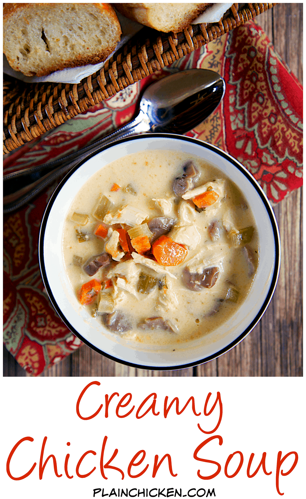 Creamy Chicken Soup Recipe - chicken, celery, carrots, mushrooms, chicken broth, cream of chicken soup, half-and-half and cheese! Can use rotisserie chicken for a super quick meal or boneless chicken breasts for an easy slow cooker meal. Freeze leftovers for a quick meal later!