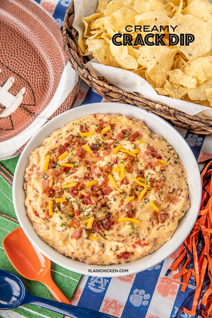 Creamy Crack Dip - only 5 simple ingredients! Great for parties and watching football!! Bacon, cream cheese, cheddar cheese, Ranch dressing mix and milk. I took this to a party and it was gone in a flash. Everyone asked for the recipe. Serve with chips or veggies. #dip #superbowl #bacon #appetizer