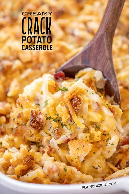 Creamy Crack Potatoes - creamy potatoes loaded with cheddar, bacon and ranch! SO good! Frozen shredded hash browns, cheddar, bacon, ranch dressing mix, sour cream, cream of chicken soup, heavy cream, butter and ritz crackers. A cross between scalloped potatoes and a regular potato casserole. I could make a meal out of these potatoes!!! Can make ahead and freeze for later. Great for a crowd.