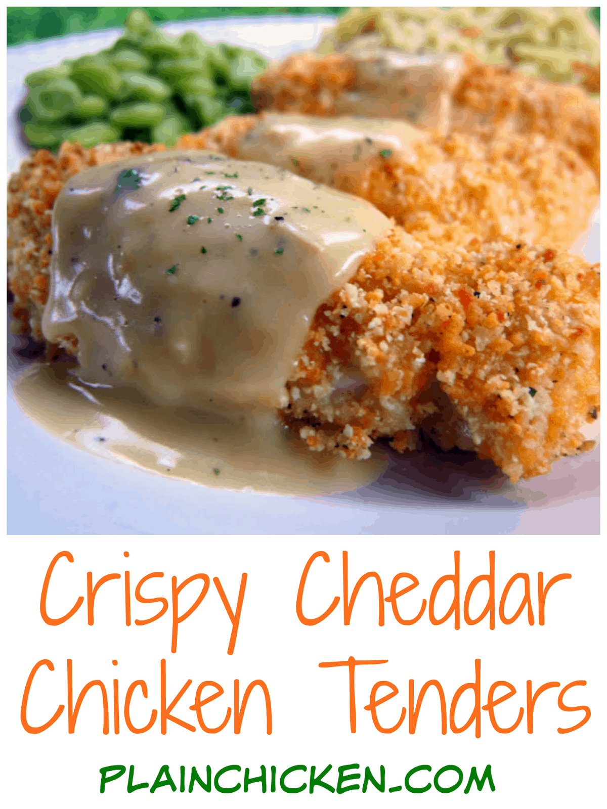 Crispy Cheddar Chicken Tenders Recipe - chicken tenders coated in cheddar, Ranch and Ritz Crackers then baked and topped with a delicious sauce. One of our all-time favorite chicken recipes. Can coat the chicken ahead of time and freeze unbaked for later. Make sauce while tenders bake. Quick and easy weeknight meal!