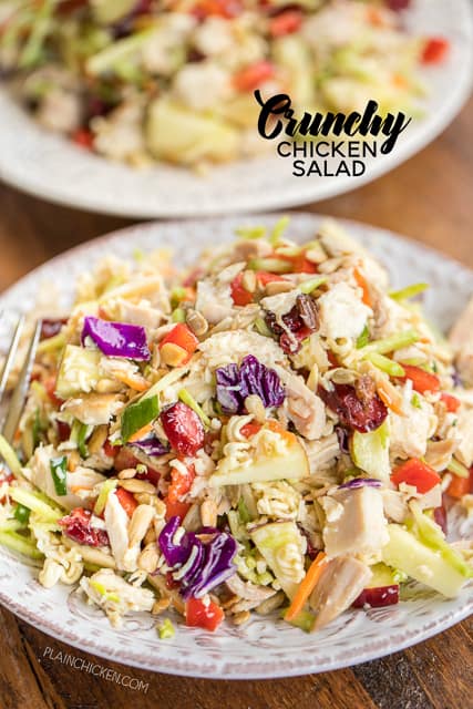 Crunchy Chicken Salad - seriously the best chicken salad EVER! SO different, but crazy good! Chicken, broccoli slaw, red apple, sunflower kernels, dried cranberries, green onions, red bell pepper, slivered almonds, ramen noodles, tossed in vegetable oil, vinegar, sugar and ramen seasoning. Can make ahead of time and refrigerate until ready to serve. Makes a ton - great for a party!