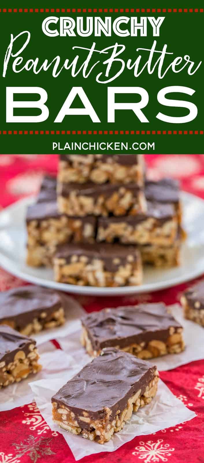 Crunchy Peanut Butter Bars recipe - NO-BAKE treat!!! Chow mein noodles, peanuts, butterfingers, peanut butter, corn syrup, sugar,  and chocolate. These things fly off the plate! Great for parties, cookie exchanges or a homemade gift!! #dessert #nobaketreats #peanutbutter 
