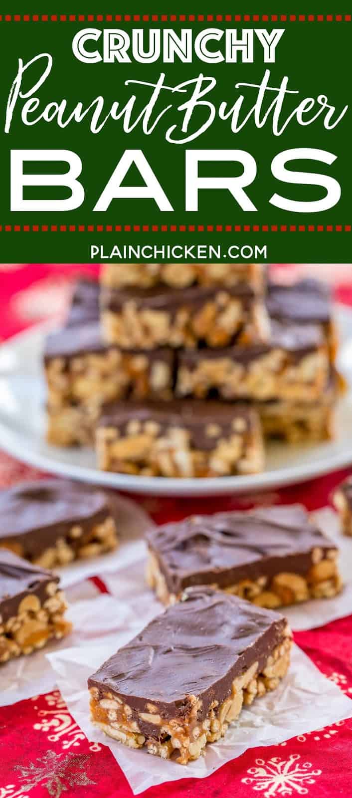Crunchy Peanut Butter Bars recipe - NO-BAKE treat!!! Chow mein noodles, peanuts, butterfingers, peanut butter, corn syrup, sugar,  and chocolate. These things fly off the plate! Great for parties, cookie exchanges or a homemade gift!! #dessert #nobaketreats #peanutbutter 