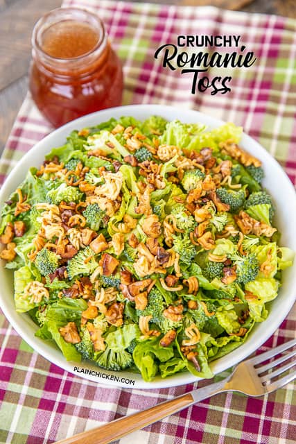 Crunchy Romaine Toss - CRAZY GOOD!!! Had this at a dinner party and everyone raved about it. I had to get the recipe so I could make it at home. SO easy to make and it tastes DELICIOUS!!! Romaine lettuce, broccoli, ramen noodles, butter, walnuts, red wine vinegar, vegetable oil, soy sauce, sugar, salt and pepper. Great for dinner parties and potlucks! We make this at least once a month! SO good! #salad #sidedish #vegetables #romainelettuce #broccoli