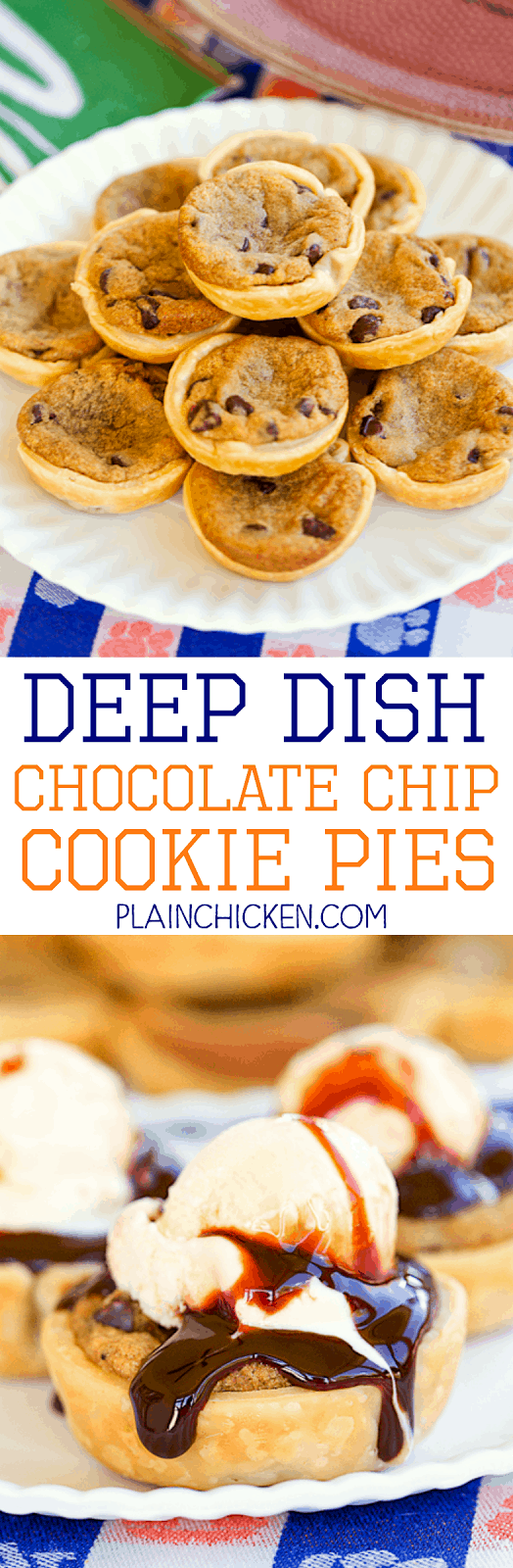 Deep Dish Chocolate Chip Cookie Pies - only 2 ingredients!! SO easy and SOOOO delicious! Top with ice cream and chocolate sauce to put these over the top. Great for parties and cookie swaps!