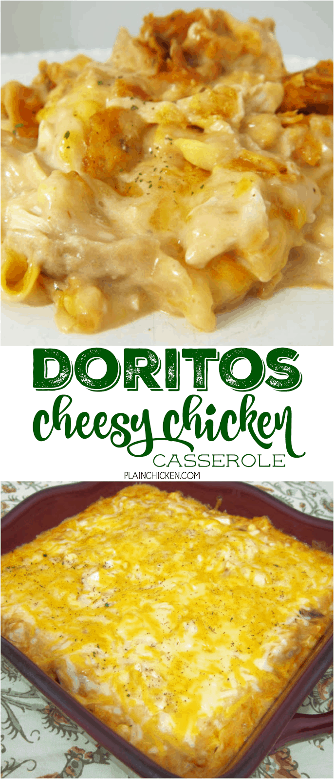 Doritos Cheesy Chicken Casserole - THE BEST Mexican casserole EVER! Chicken, sour cream cream of mushroom, cream of chicken, salsa, corn, cheese and Doritos! Everyone goes nuts over this casserole. Only takes a minute to assemble and it is ready to eat in 20 minutes. SO quick and easy. Great for a crowd - even picky eaters love this!