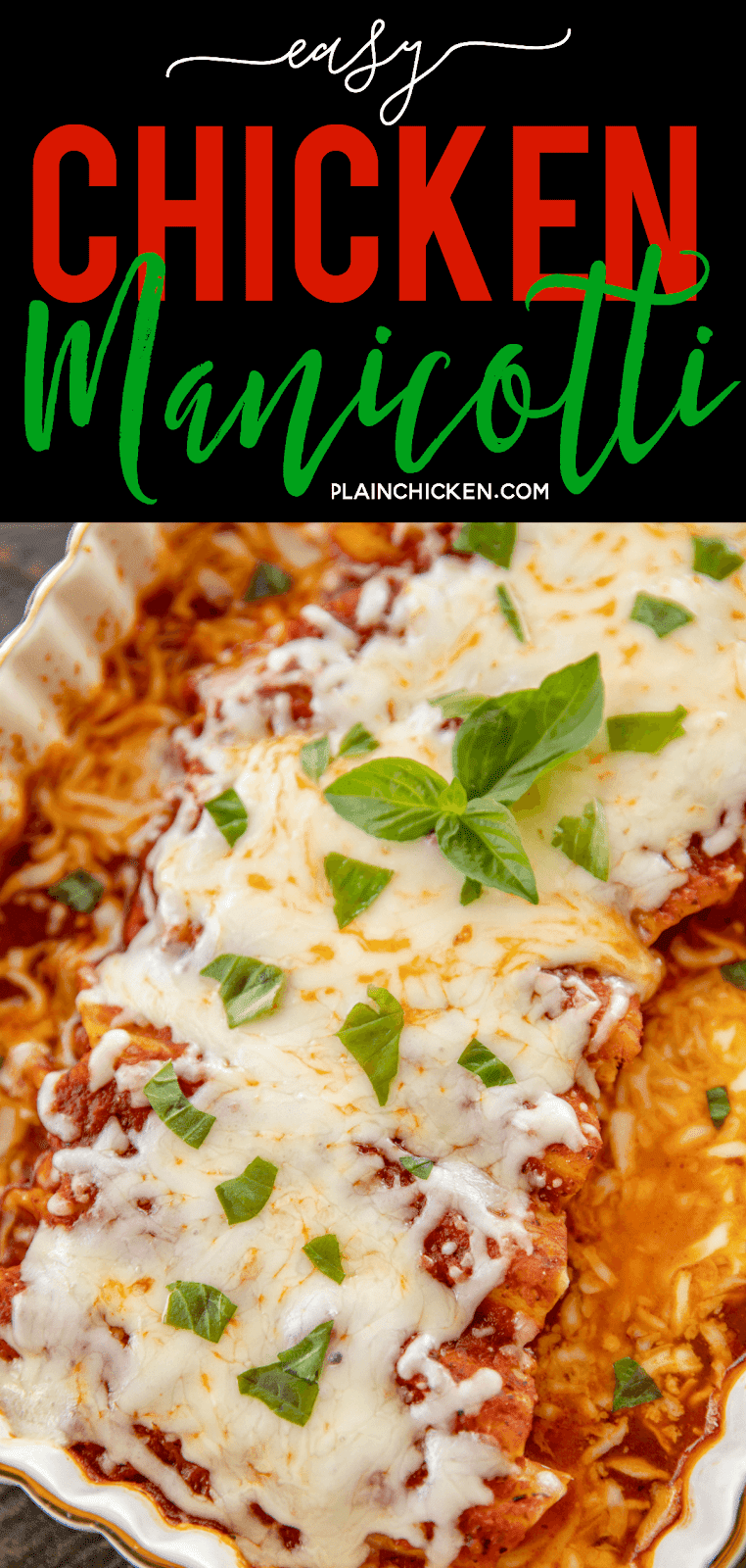 Easy Chicken Manicotti - so easy and seriously delicious! Everyone loved this easy pasta casserole and asked for seconds! YES! Manicotti noodles, chicken tenders, spaghetti sauce, water, garlic, Italian seasoning and mozzarella cheese. No need to boil the noodles or cook the chicken - it all bakes in the casserole dish. A family favorite! #pasta #casserole #manicotti #chickenrecipe