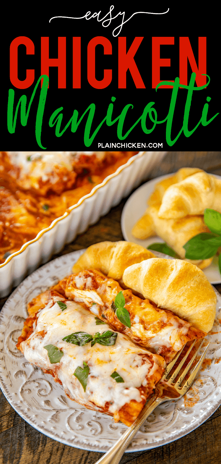 Easy Chicken Manicotti - so easy and seriously delicious! Everyone loved this easy pasta casserole and asked for seconds! YES! Manicotti noodles, chicken tenders, spaghetti sauce, water, garlic, Italian seasoning and mozzarella cheese. No need to boil the noodles or cook the chicken - it all bakes in the casserole dish. A family favorite! #pasta #casserole #manicotti #chickenrecipe