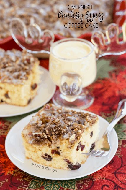 Overnight Cranberry Eggnog Coffee Cake - refrigerate batter overnight and bake in the morning. This cake is SOOOO good! I don't even like eggnog, but I LOVED this cake! Butter, sugar, eggs, eggnog, sour cream, vanilla, flour, orange extract, dried cranberries, cinnamon, brown sugar and pecans. This is INCREDIBLE! We like it warm right out of the oven.