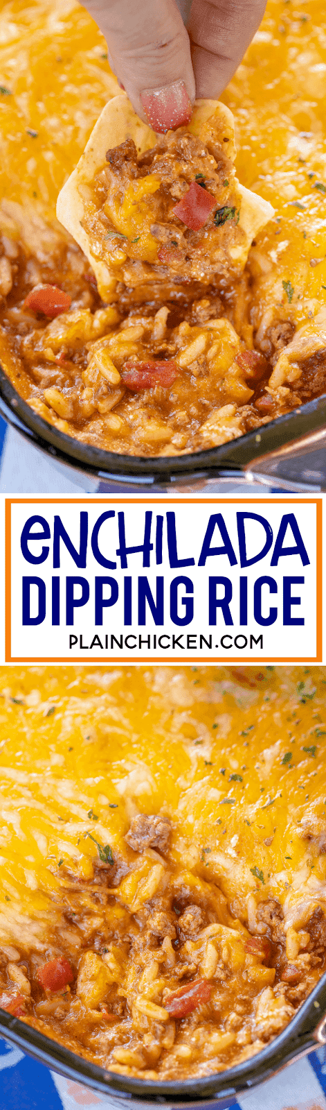 Enchilada Dipping Rice - seriously delicious!! Serve as a dip with chips or as a main dish. Everyone LOVES this yummy Mexican casserole!!! Ground beef, taco seasoning, enchilada sauce, cheese soup, refried beans, rice and cheese. Can make in advance and refrigerate until ready to bake. We make this at least once a month! SO good!!! #mexican #casserole #dip