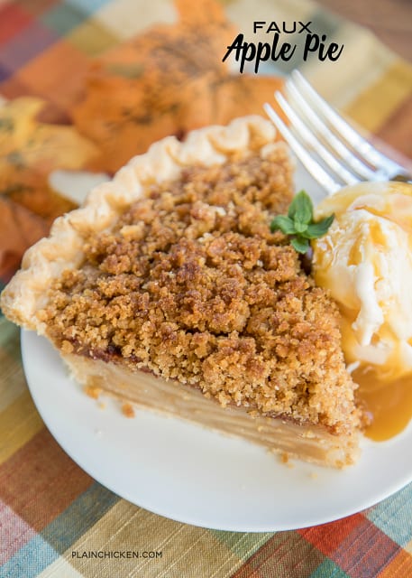Faux Apple Pie recipe - there are no apples in this pie, but it tastes EXACTLY like an apple pie!! The secret is RITZ Crackers! Everyone says this is the BEST apple pie they ever eaten - no-one ever knows it is a cracker pie. Serve with vanilla ice cream and a drizzle of caramel. Make it for the holidays! #pierecipe #applepierecipe #holdiay #thanksgivingrecipe #christmasrecipe #thanksgiving #christmas #pie #crackerpie #dessert #dessertrecipe