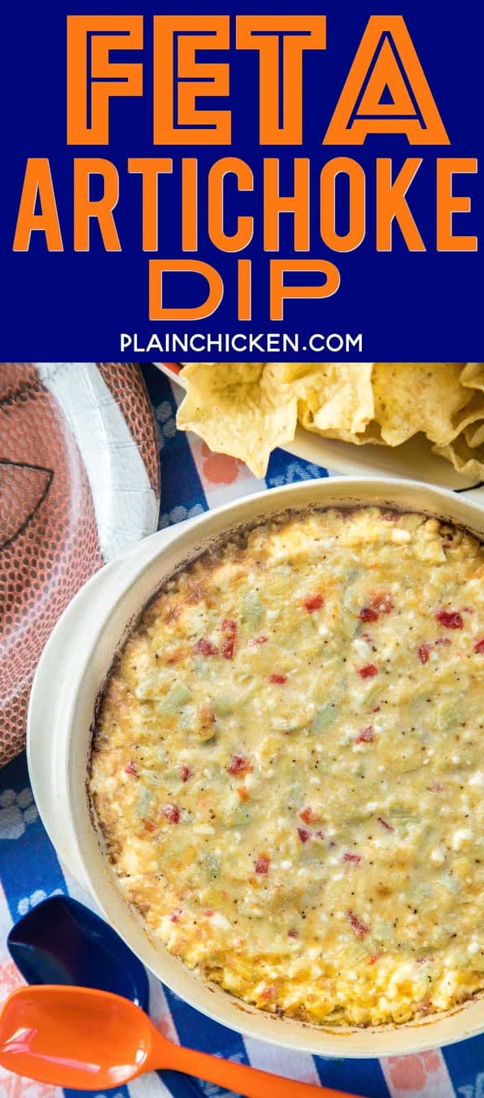Feta Artichoke Dip - seriously delicious!!! SO simple and this tastes amazing! Only 6 ingredients - feta, artichokes, pimentos, garlic, parmesan and mayonnaise. Can mae ahead of time and refrigerate until ready to bake. Ready to eat in under 30 minutes. Always the first thing to go at parties!! #appetizer #superbowl #tailgating