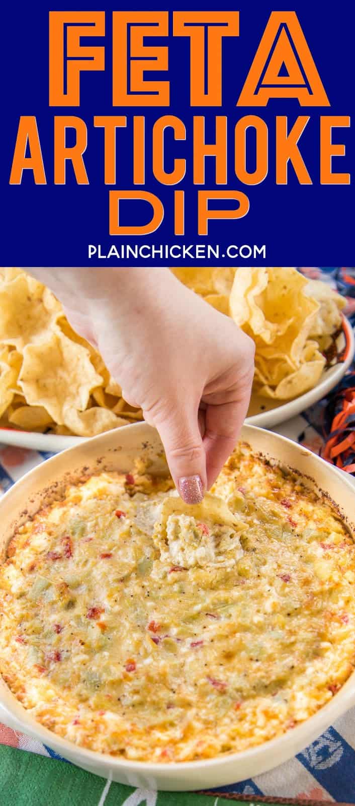 Feta Artichoke Dip - seriously delicious!!! SO simple and this tastes amazing! Only 6 ingredients - feta, artichokes, pimentos, garlic, parmesan and mayonnaise. Can mae ahead of time and refrigerate until ready to bake. Ready to eat in under 30 minutes. Always the first thing to go at parties!! #appetizer #superbowl #tailgating