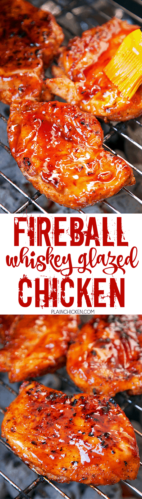 Fireball Whiskey Glazed Chicken - chicken basted with an amazing homemade Fireball BBQ sauce. Ketchup, red pepper jelly, vinegar, onion, garlic, cayenne pepper and Fireball Whiskey. This is SO good! I made this for a party and everyone raved about it! A new favorite! Can make the Fireball BBQ sauce ahead of time and refrigerate for later. We ate this 2 weeks in a row!!