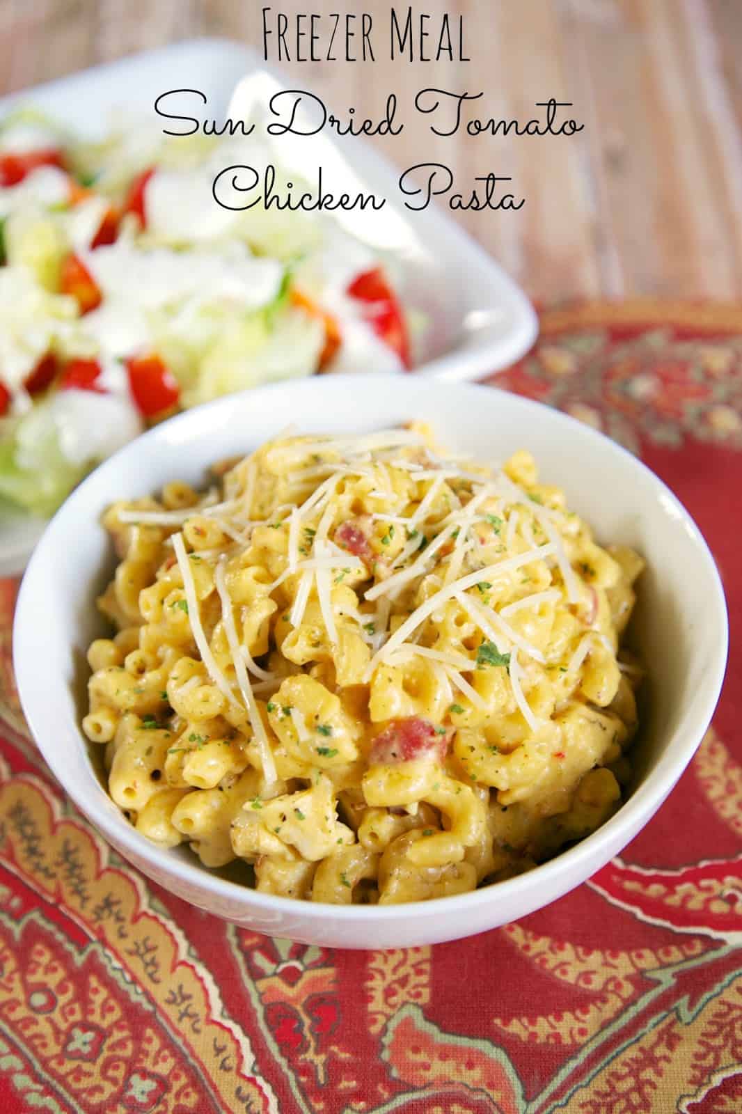 {Freezer Meal} Sun Dried Tomato Chicken Pasta - crazy delicious!!! Everyone cleaned their plate and asked for seconds!!! Pasta, chicken, sun dried tomato seasoning, garlic seasoning, dried mustard, cheddar cheese soup, evaporated milk, milk, cheddar cheese, mozzarella, and bacon. Can cook frozen in the slow cooker. We make this at least once a month! #freezermeal #pasta #slowcooker #chicken