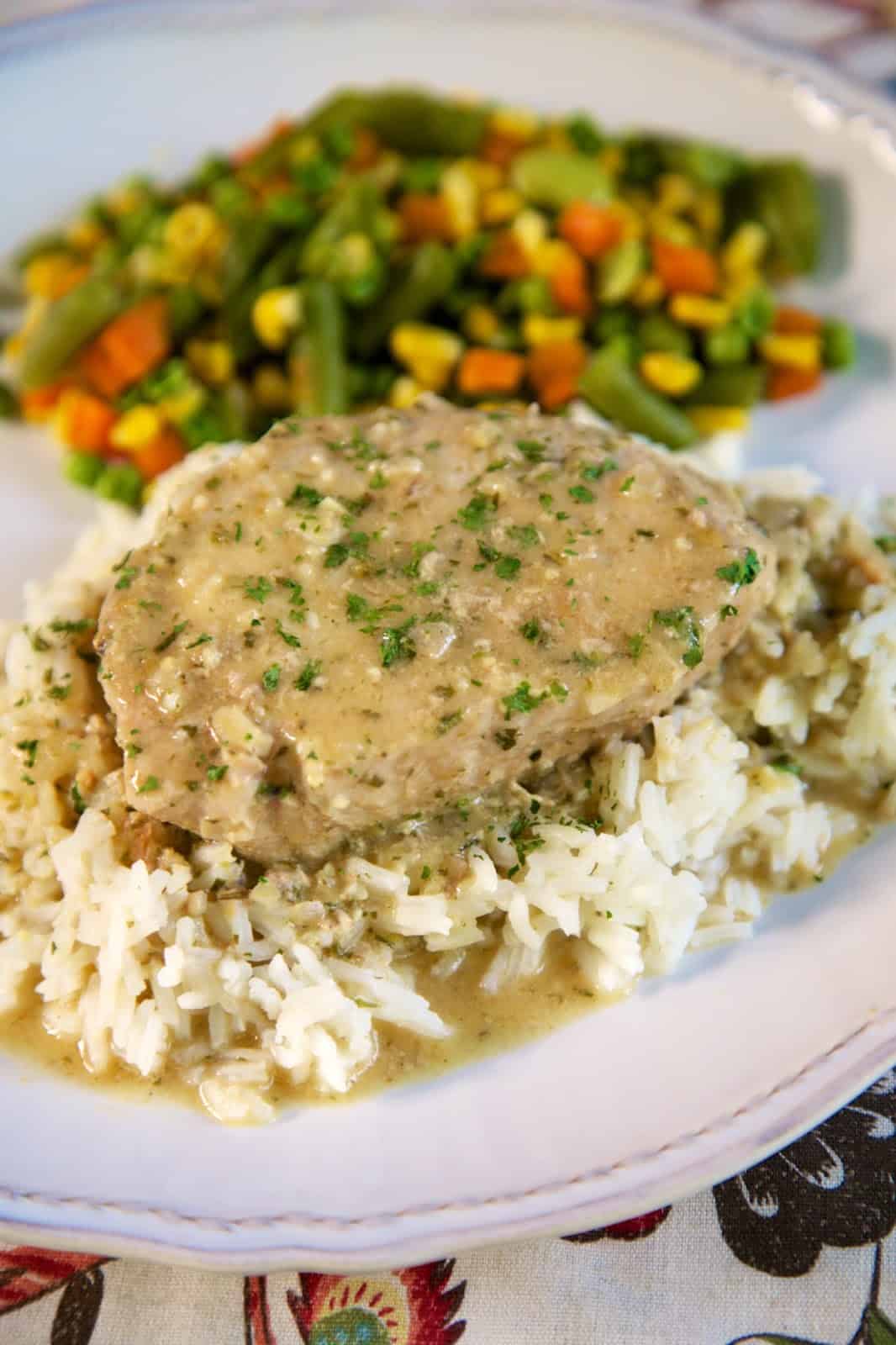 {Freezer Meal} Garlic Parmesan Pork Chops - SO delicious!!! Pork chops slow cooked in garlic seasoning, onion flakes, cream of chicken soup and apple juice. Seriously the most delicious pork chops we've ever eaten!! Can cook frozen in the slow cooker. #porkchops #slowcooker #freezermeal